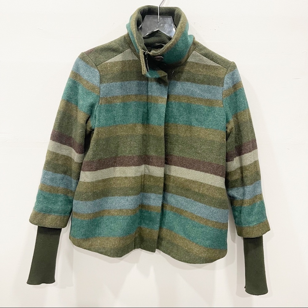 Prana Full-Zip Wool Lily Striped Coat Jacket XS Green Ribbed Cuffs